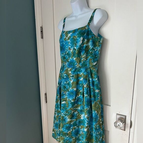 Talbots Fit Flare Green Teal Floral 100% Cotton Strap feminine Summer Dress 8P - Picture 10 of 11